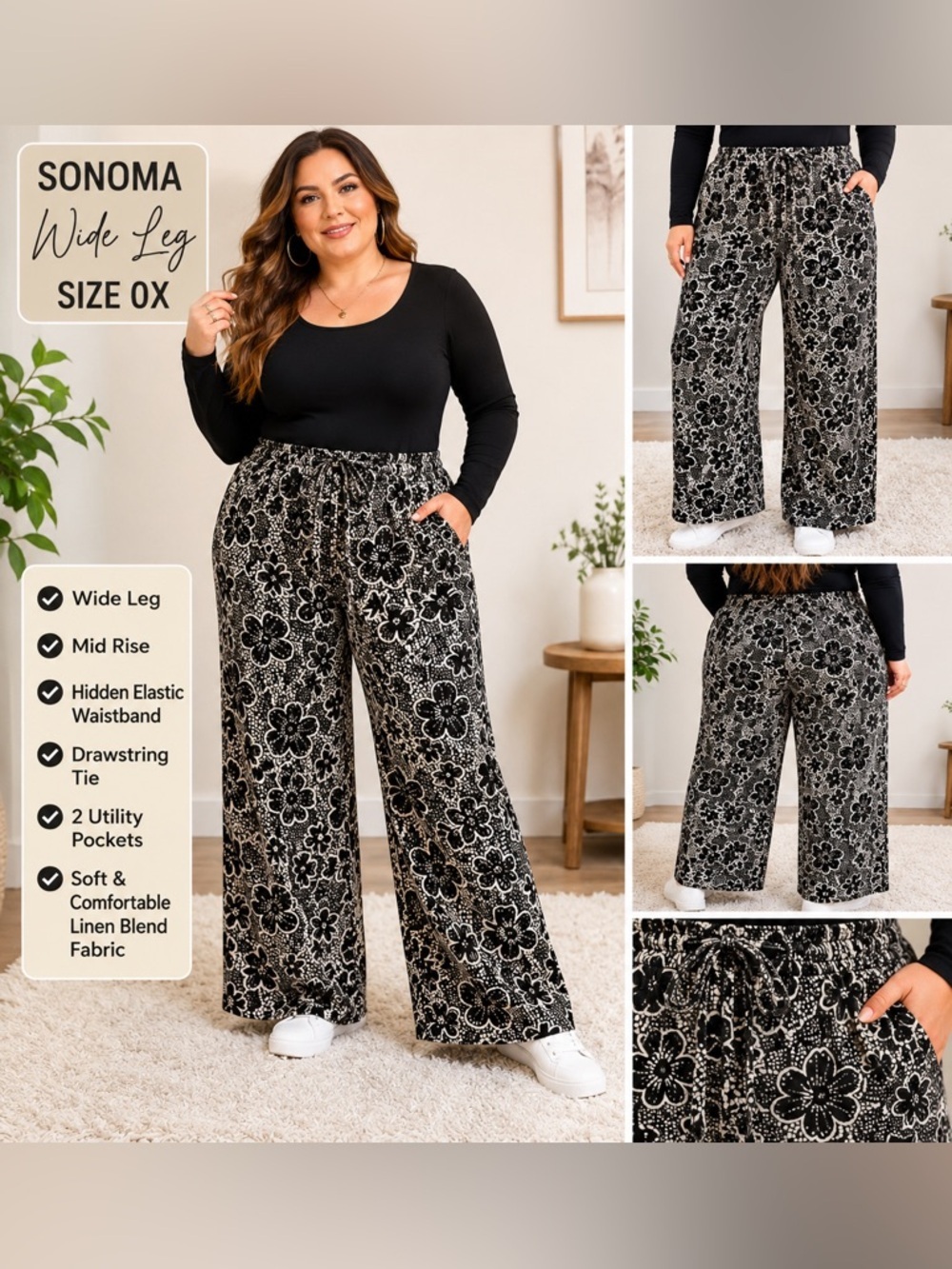 Sonoma Wide Leg Floral Pants Women’s Plus Size 0X Black White Linen Blend
